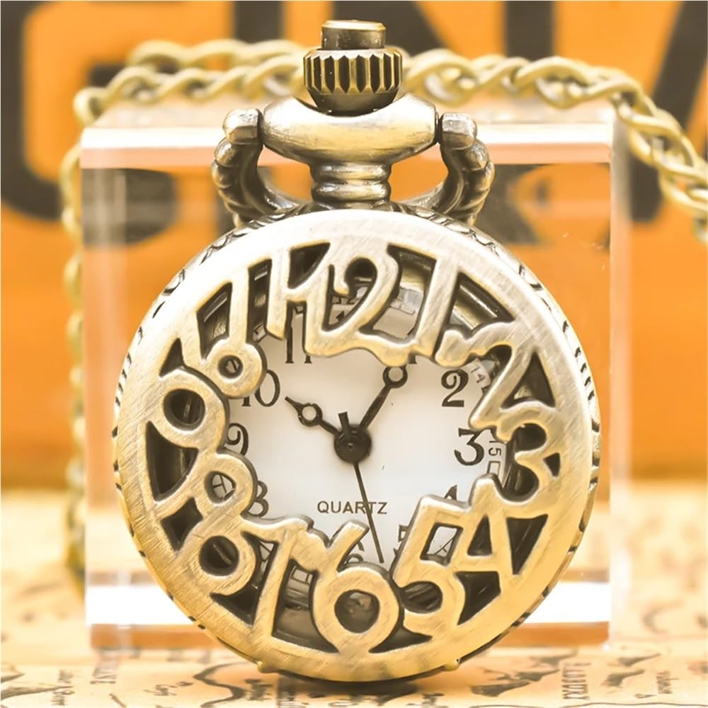 Collana con Orologio da Tasca Compatto e Delicato in Bronzo Numeri Arabi, Piccolo Regalo