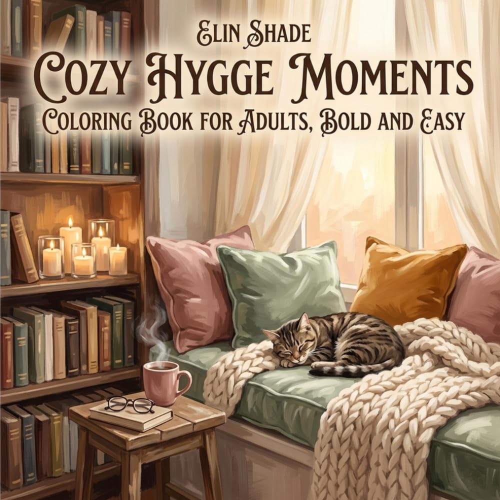 Cozy Hygge Moments: Coloring Book for Adults, Bold and Easy: 50 Simple Cute Designs Featuring Cozy Interiors, Cats, Candles, Tea and Reading Nooks for Relaxation and Stress Relief