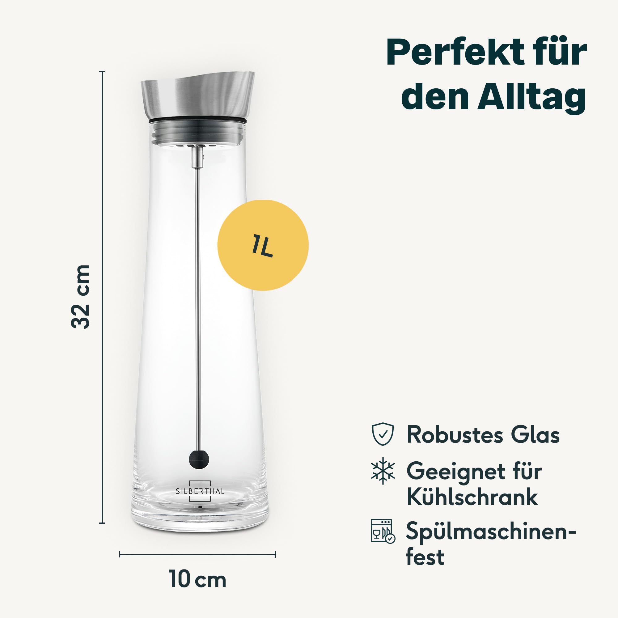 SILBERTHAL Glaskaraffe mit Deckel und mit Fruchtspieß - Edelstahl Deckel öffnet mit Kippen - Wasserkaraffe mit Fruchtsieb Transparent