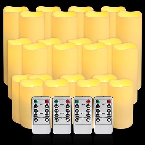 Miniatura 4 de Juego de 24 velas impermeables sin llama para exteriores, velas LED de cera real con 4 controles remotos y temporizador, (4 pulgadas, 5 pulgadas, 6