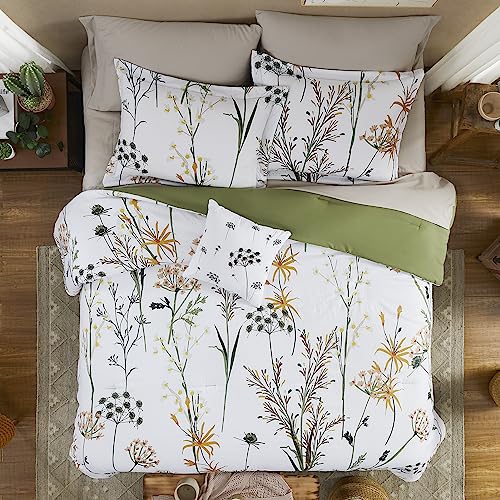 CASAAGUSTO King Comforter Set 7 PCS White & Green Dandelion Plant Comforter Set with Flowers Leaves Pattern Soft Seersucker Design All Season Bedding Set(102"X90")