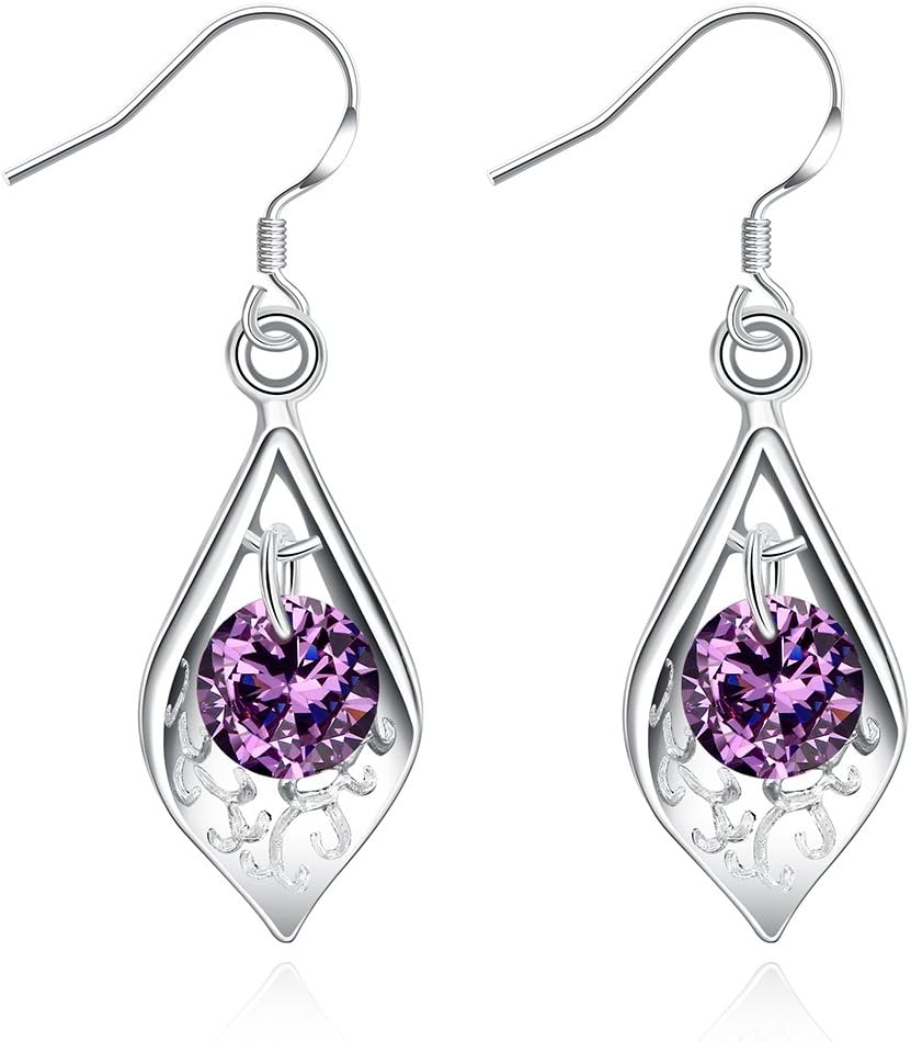 MXYZB Silver Plated Charms Water Drop Dangle Earrings Purple Cubic Zirconia Jewelry for Women Girls