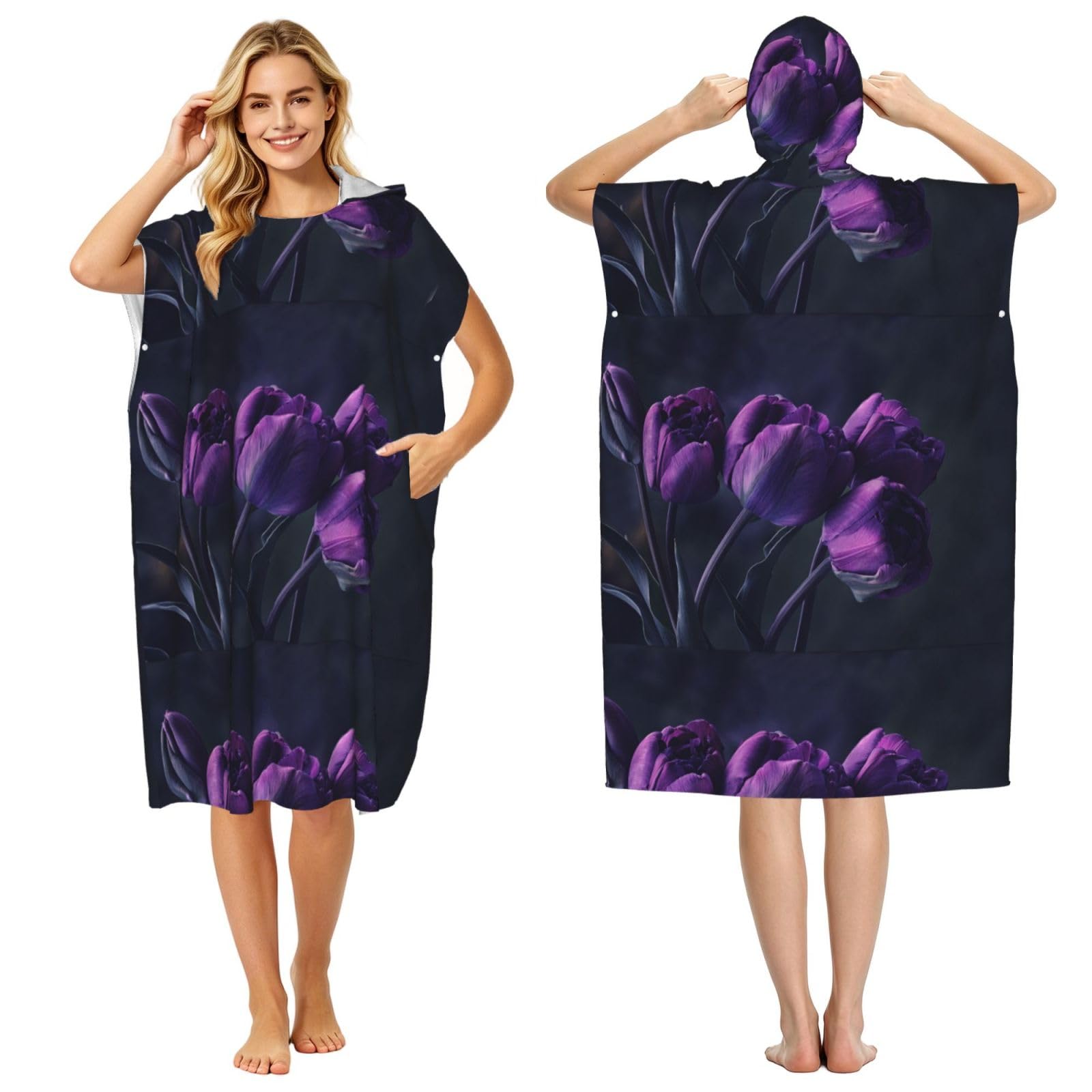 Poadnly Purple Flowers Background, Adult Hooded Beach Towel 90 x 110 cm,Changing Bath Robe, Surf Poncho Towel For Women Men