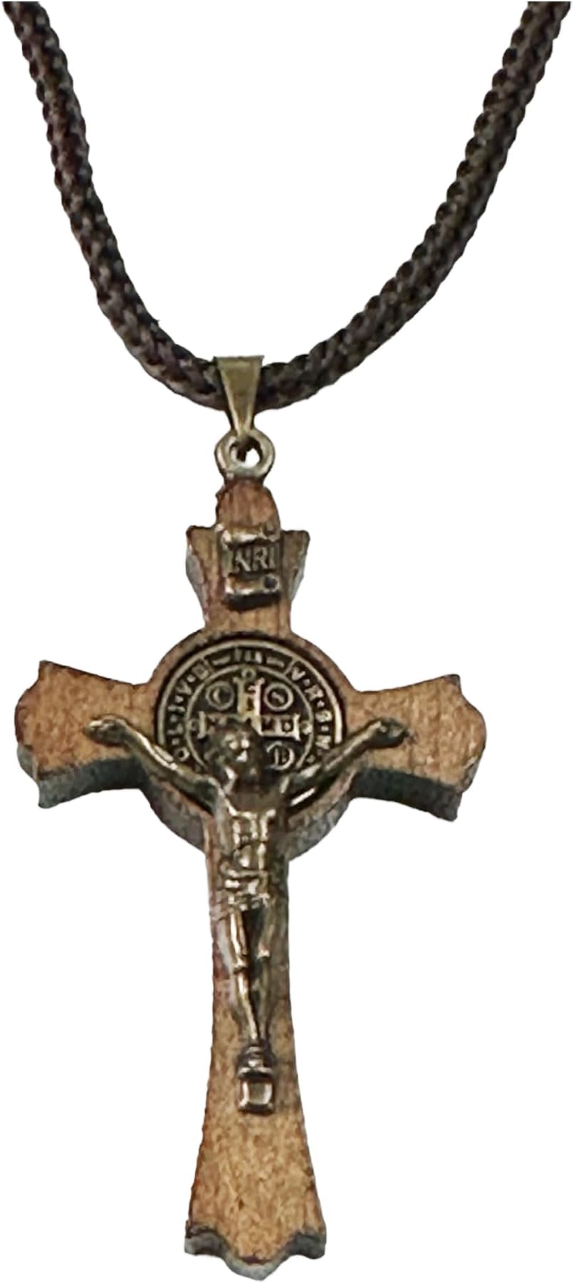 Catholica Shop Saint Benedict Medal Wood Crucifix Cord Necklace for Men & Women – Handcrafted Religious Pendant, Healing, Travel Protection, Perfect for Gifting on Special Occasions, Made in Brazil