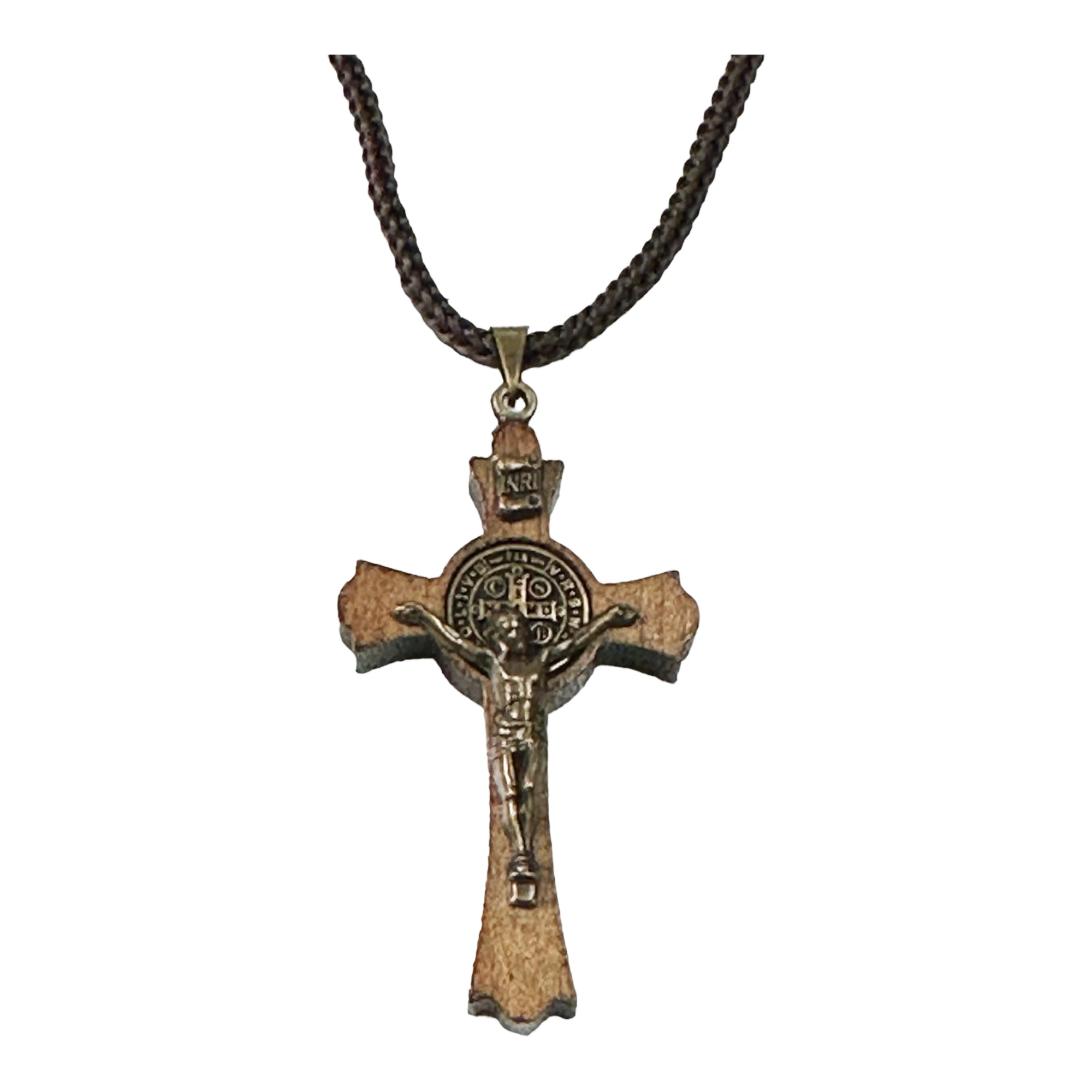Catholica ShopSaint Benedict Medal Wood Crucifix Cord Necklace for Men & Women – Handcrafted Religious Pendant, Healing, Travel Protection, Perfect for Gifting on Special Occasions, Made in Brazil