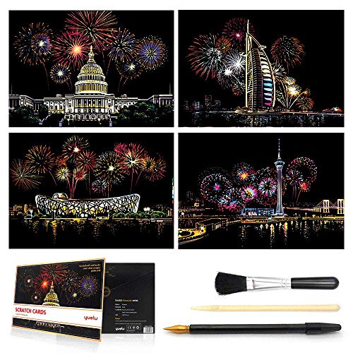 MIASTAR Scratch & Sketch Art for Kids & Adults, Rainbow Painting Night View Scratchboard(A4), Art & Craft, Scratch Art Set: 4 Sheets Scratch Cards & Scratch Drawing Pen, Clean Brush (City Fireworks)