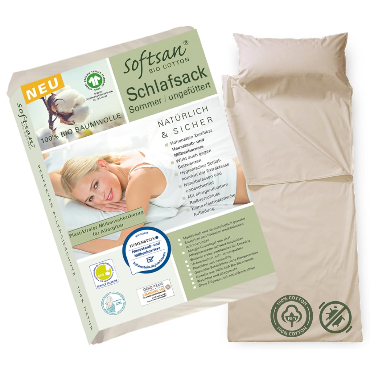 Softsan Allergiker Schlafsack Bio Baumwolle mit Milbenschutz Encasing 80 x 180 cm