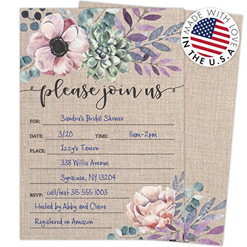 Rustic Burlap Invitations With Florals. 25 Lavender Envelopes And Fill In The Blank Invites For Bridal Showers, Baby Showers, Birthdays, Graduations, Christening, Baptism, Dinner Parties, Rehearsal Di #TOP2