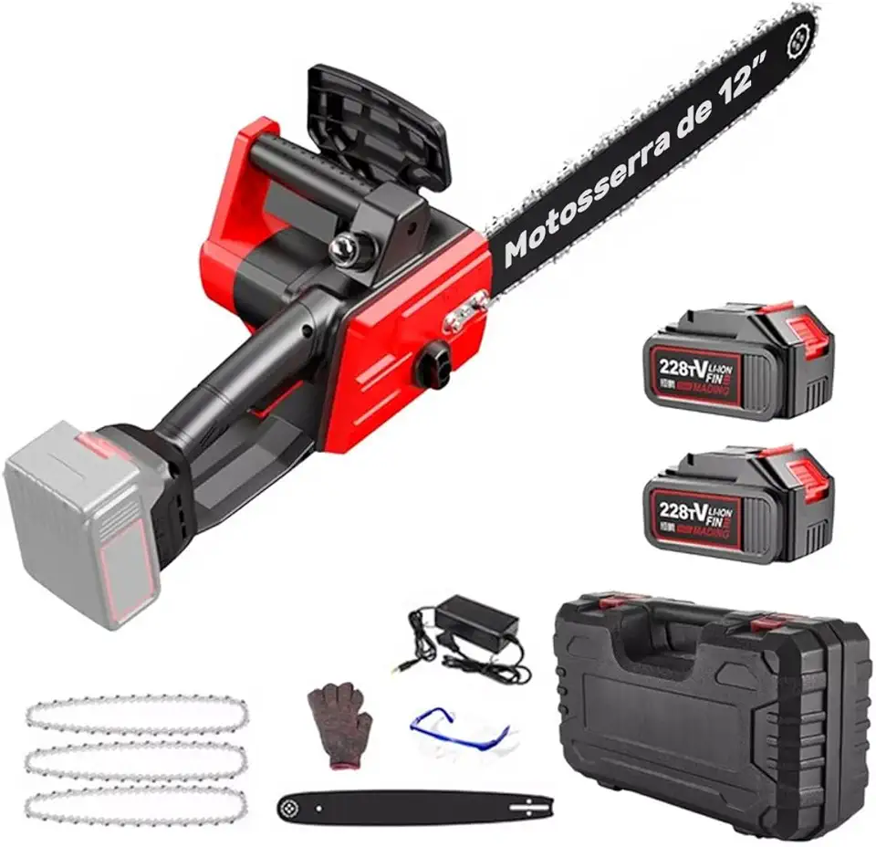 Mini Motosserra a Bateria 1200W 21V, Lâmina 12 Polegadas, Motor de Cobre, Portátil para Corte de Árvores e Madeira