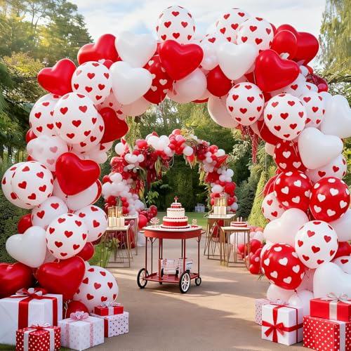 Image of Valentine Balloons, 50 Pcs Red White for Valentine's Day Wedding Party | 12 Inch Red White Heart Print Latex Balloons for Galentines Day Anniversary Proposal Engagement Birthday Party Decorations
