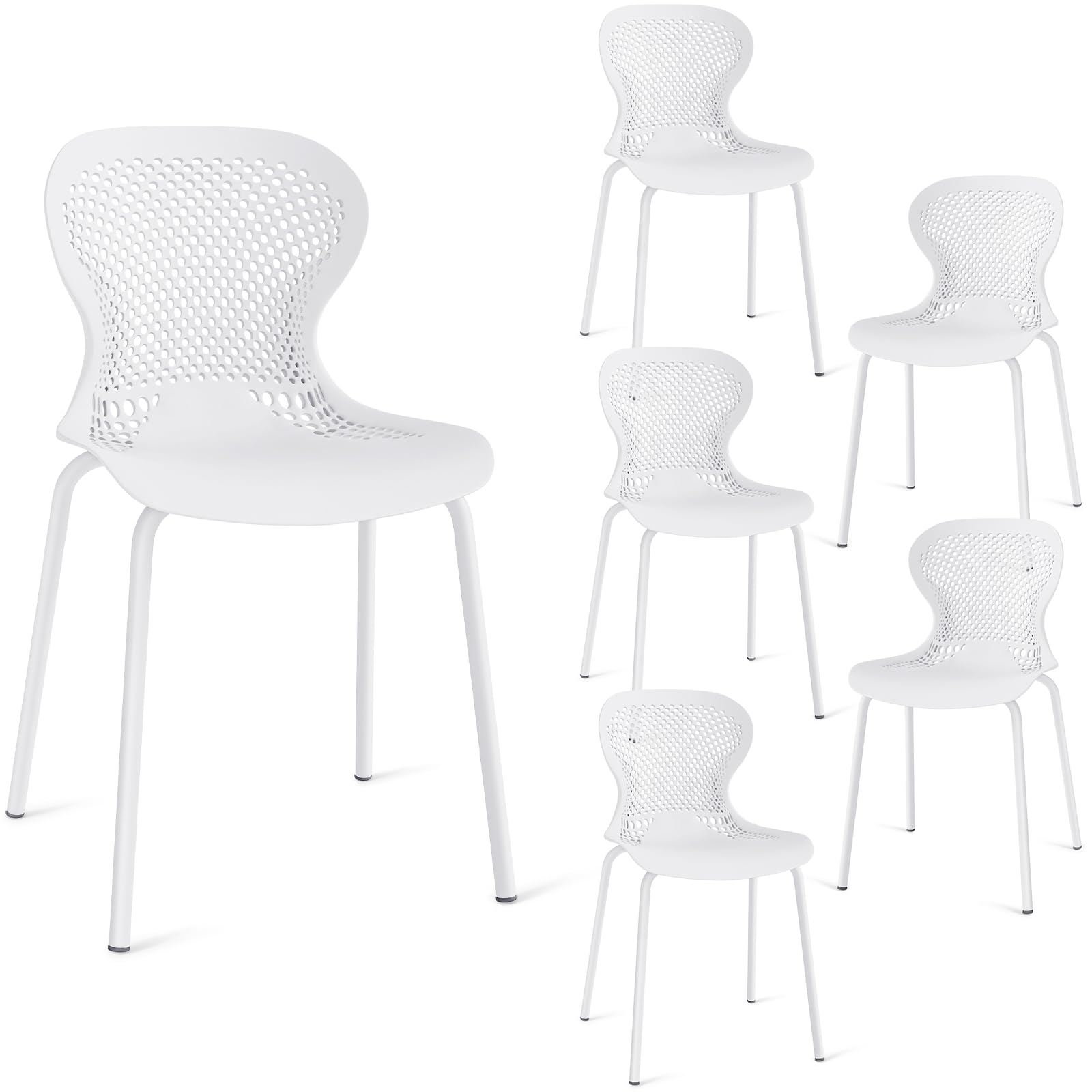 JIJIAN Lot de 6 Chaises de Salle à Manger Empilables, Chaise de Cuisine avec Pieds en Métal, Chaises de Jardin en Plastique, pour Salle à Manger, Salon, Jardin, Balcon et Terrasse, Blanc