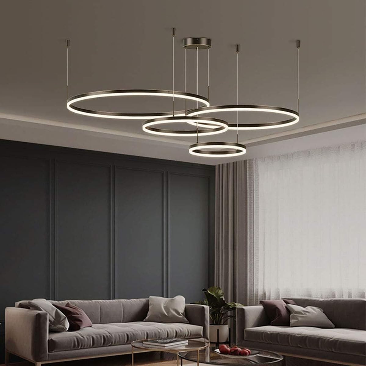 Moderna Lámpara Colgante LED 4 Anillos Instalación independiente 90W Negro colgante ajustable Lámpara de techo regulable Con Control Remoto Para Sala estar Dormitorio Comedor 20×40×60×80CM