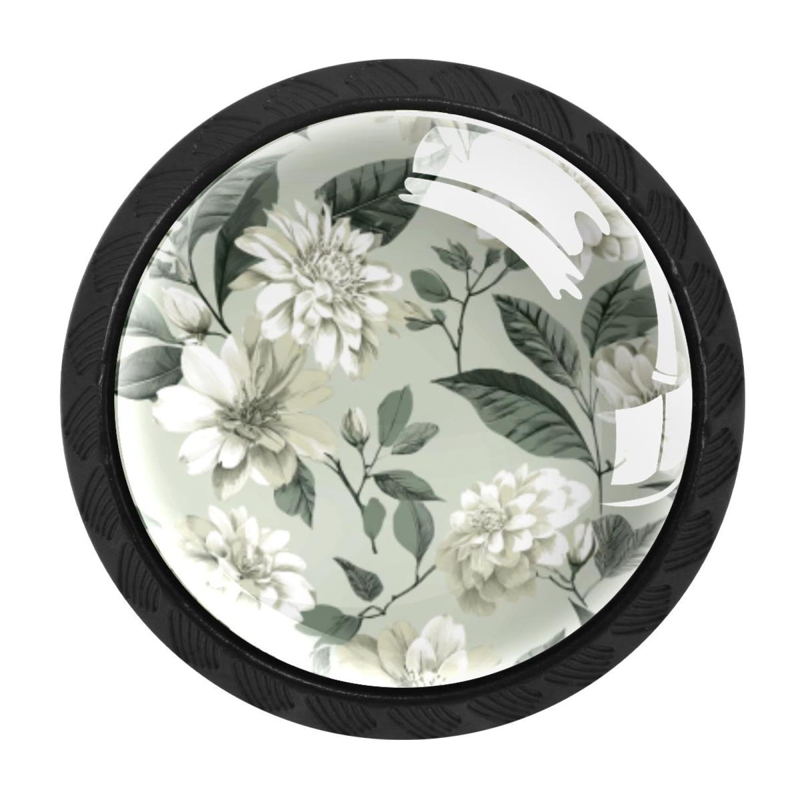 CHENZZZZ 4 Pieces Sage Green Flowers Drawer Knobs, 35mm Black Kitchen Cabinet Knobs, Drawer Pulls and Knobs, Glass Cabinet Hardware Single Hole Knob for Cabinets and Drawers Round