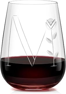 Hand-Crafted Crystal Stemless Wine Glasses - Exquisite Hand-Blown Lead-Free Red Wine Tumblers 16 Oz - Personalized Letter 'M' Initial Engravings, Monogrammed Wine Gifts For Women and Men