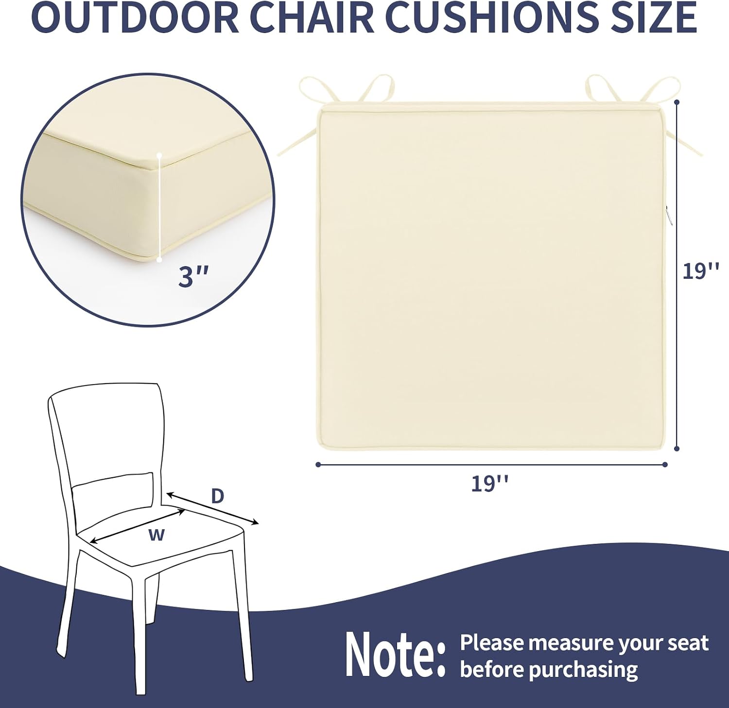 Pauwer Outdoor Chair Cushions Set of 2, Waterproof Outdoor Cushions for Patio Furniture, High Resilience Foam Seat Cushion with Ties for Outdoor Patio Garden Sofa, 19 x 19 x 3 Inch, Beige