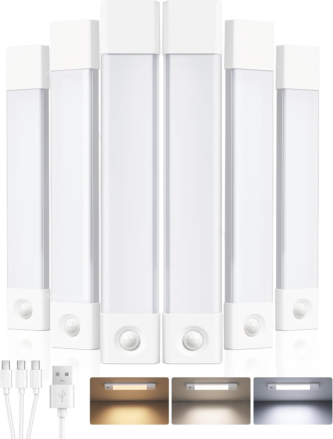 EZVALO 6-Pack Under Cabinet Lighting, Wireless Closet Lights, 50 LED Rechargeable Motion Sensor Light, Dimmable, 3 Color Temperatures, 11.8 inch Counter Lights for Kitchen, Pantry, Bedroom, Wardrobe