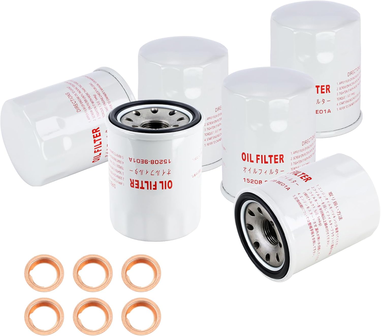 6 Pack Engine Oil Filter 15208-9E01A with Drain Plug Washer 11026-JA00A Fits for Nissan Altima Armada Frontier GT-R Maxima NV Pathfinder Quest Sentra Titan Xterra Replaces# 15208-31U0D, 15208-31U0C