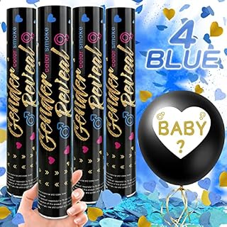 Gender Reveal Cannons & Confetti Balloon, 100% Biodegradable Gender Reveal Confetti Cannons, Gender reveal Party Supplies(4 Blue Smoke Cannons and 36'' Balloon)