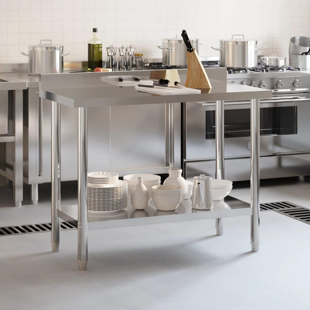 Tavolo da lavoro da cucina in acciaio inox con bordo rialzato, 110 x 55 x 93 cm, piedini regolabili, vano portaoggetti, ideale per gastronomia, ristorante, hotel, catering, forniture