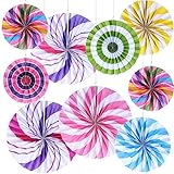 Outus 9 Pcs Candyland Hanging Paper Fans Decorations Candy Party Classroom Decorations Colorful Peppermint Candy Paper Fans Ceiling Wall Garland for Candyland Themed Birthday Halloween Party Supplies