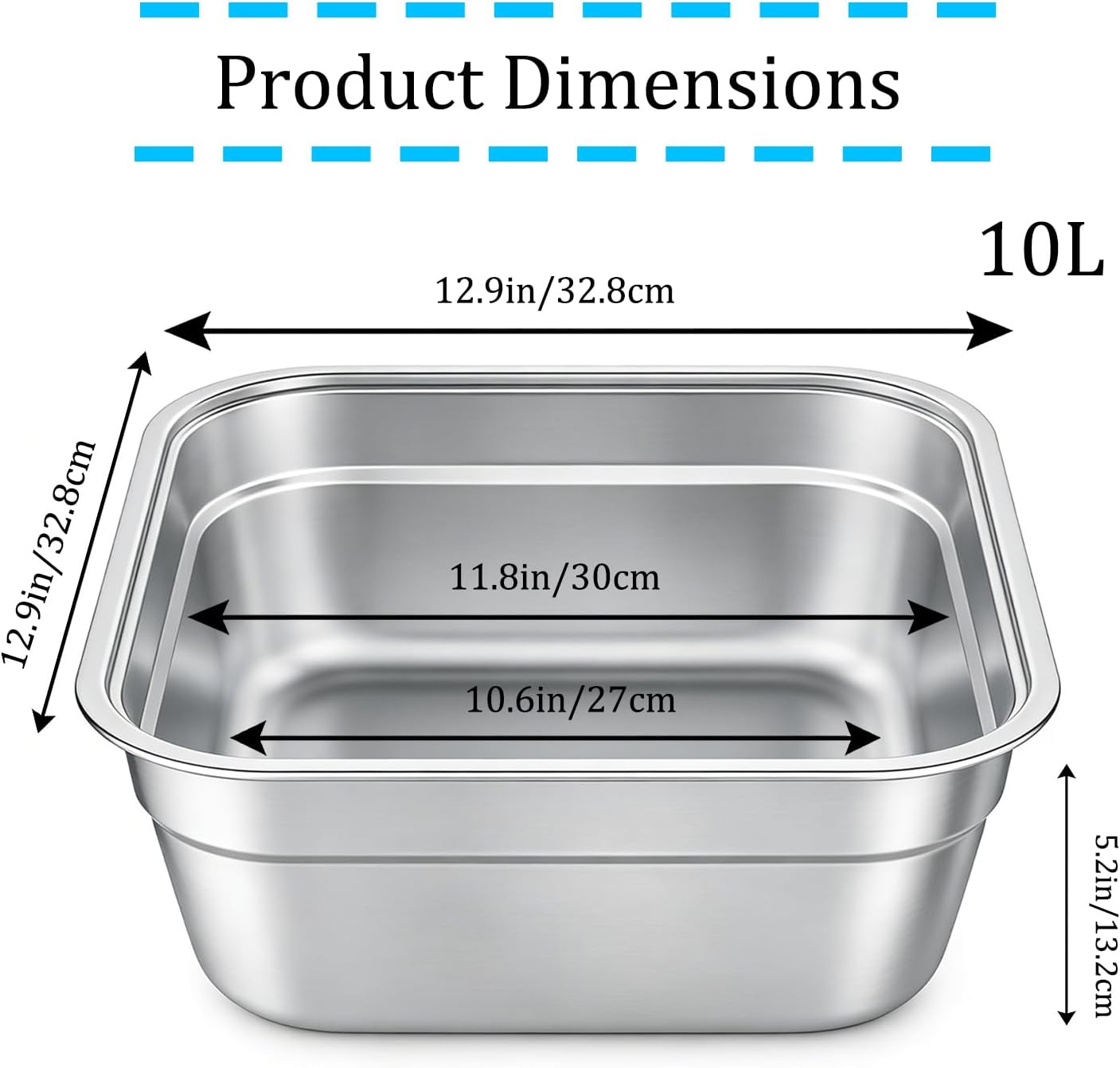 Stainless Steel Washing Up Bowl, Large Square Dish Tub for Kitchen Sink, 12.9 in Width Vegetable Washing Basin with Smooth Rim, Stable Flat Bottom Container for Home Cleaning