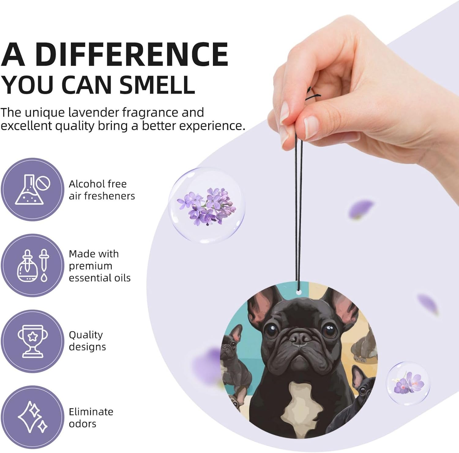 Car Air Freshener 24 PCS French Bulldog Dog Cute Hanging Car Air Fresheners Auto Interior Decor Card Freshener Strong Scented Card Lavender Cars Scents for Office Bedroom Close Drawer Round Shape