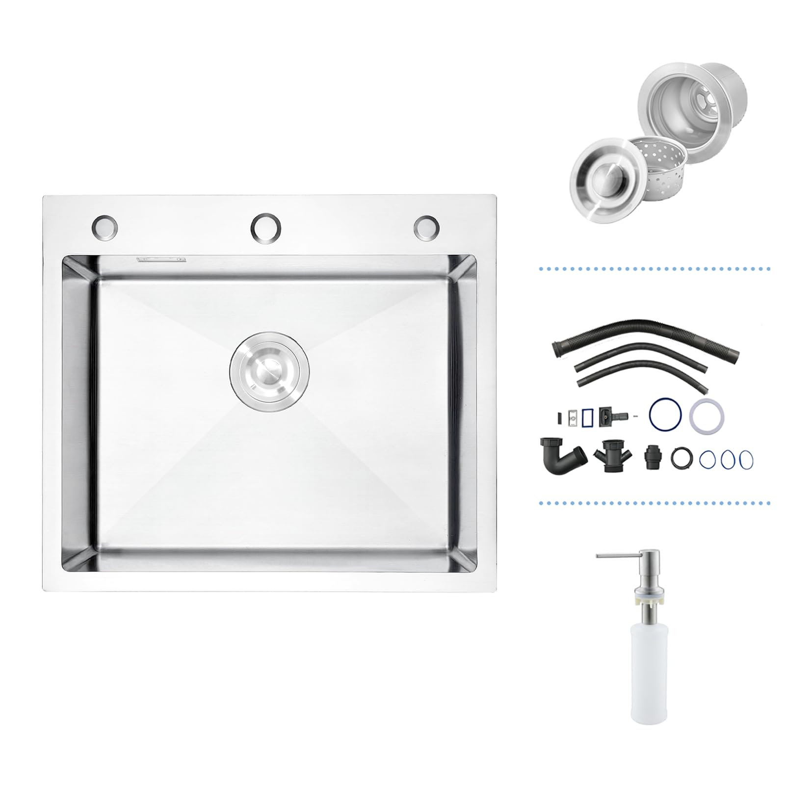Kitchen Sink, 55 x 50 cm Drop in Topmount Stainless Steel Campervan Sink, Deep Brushed Nickel Single Bowl with 3 Tap Holes Soap Dispenser and Siphon, for Small Kitchen, Bar, Restaurant