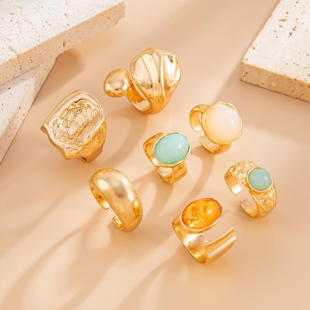 7Pcs Gold Chunky Crystal Dome Y2k Rings Set for Women Dainty Resin Huggie Hammered Silver Open Knuckle Ring Non Tarnish Stackable Statement Jewelry