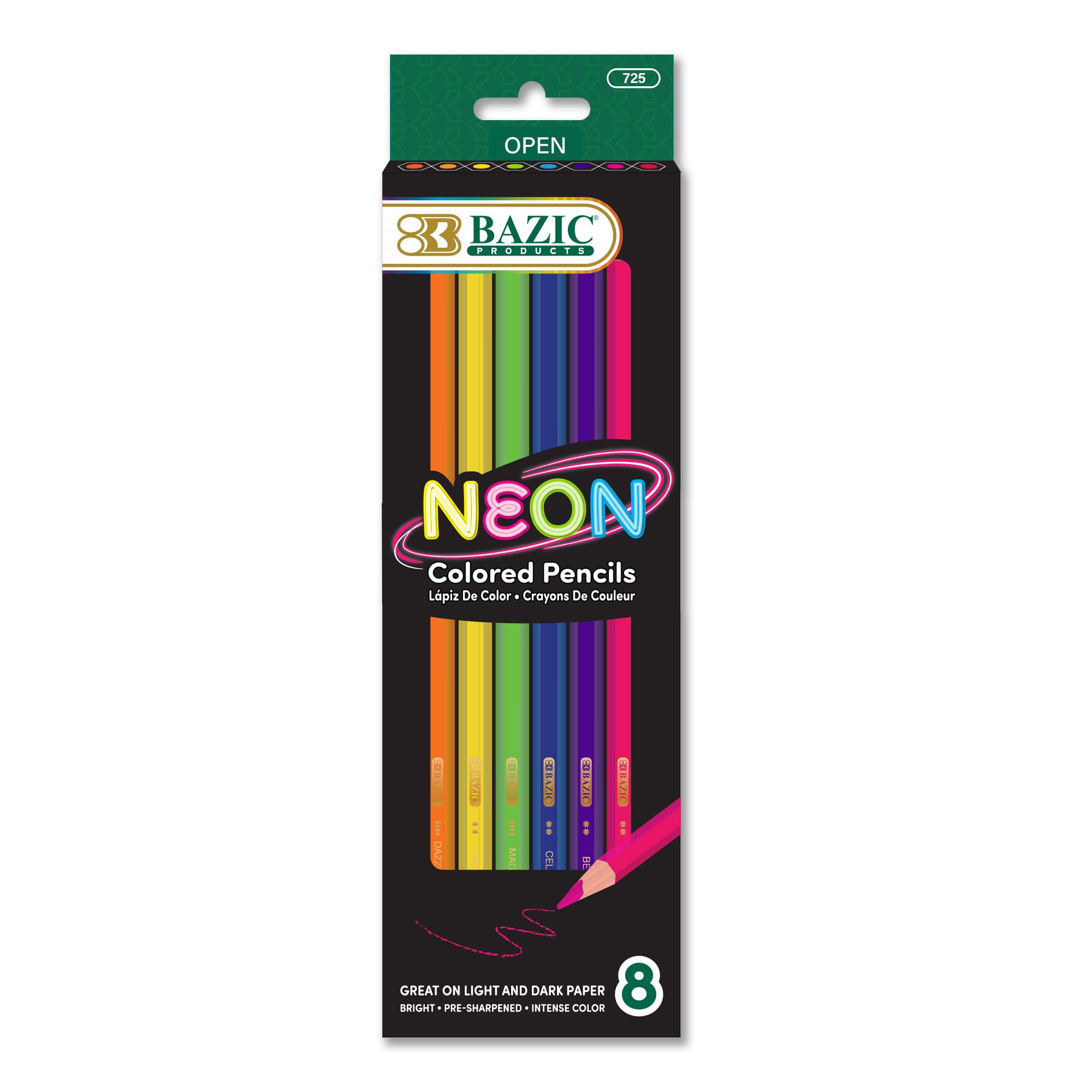 BAZIC Lot de 8 crayons de couleur fluorescents pour art, dessin, croquis, cadeau pour artiste, adulte et enfant (8/lot), lot de 24