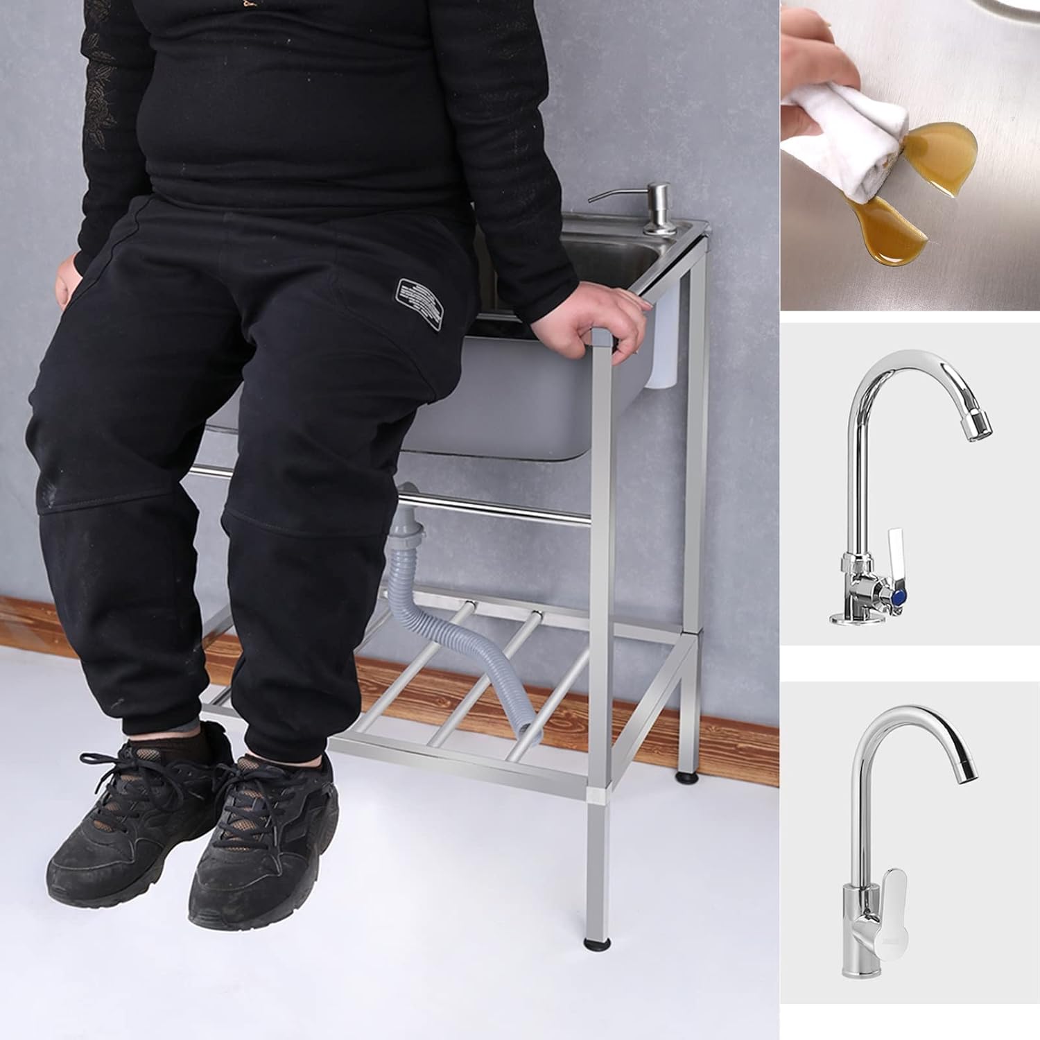 Stainless Steel Utility Sink with Legs,Laundry Room Sink 1 Compartment,Free Standing Portable Sink with Stand and Faucet,Industrial Garage Sink Commercial Sink,Hot and Cold Faucet-58X43CM