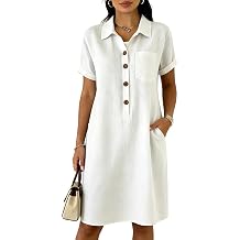 Womens Casual Summer Button Down Shirt Dress Short Sleeve Collared Midi Shift Dress Loose Beach Cover Up