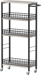 4 Tier Slim Storage Cart Narrow Laundry Cart on Wheels Utility Kitchen Rolling Cart with Wood Tabletop Mobile Shelving Unit Bathroom Storage Organizer Slide Out Rolling Tower for Narrow Spaces
