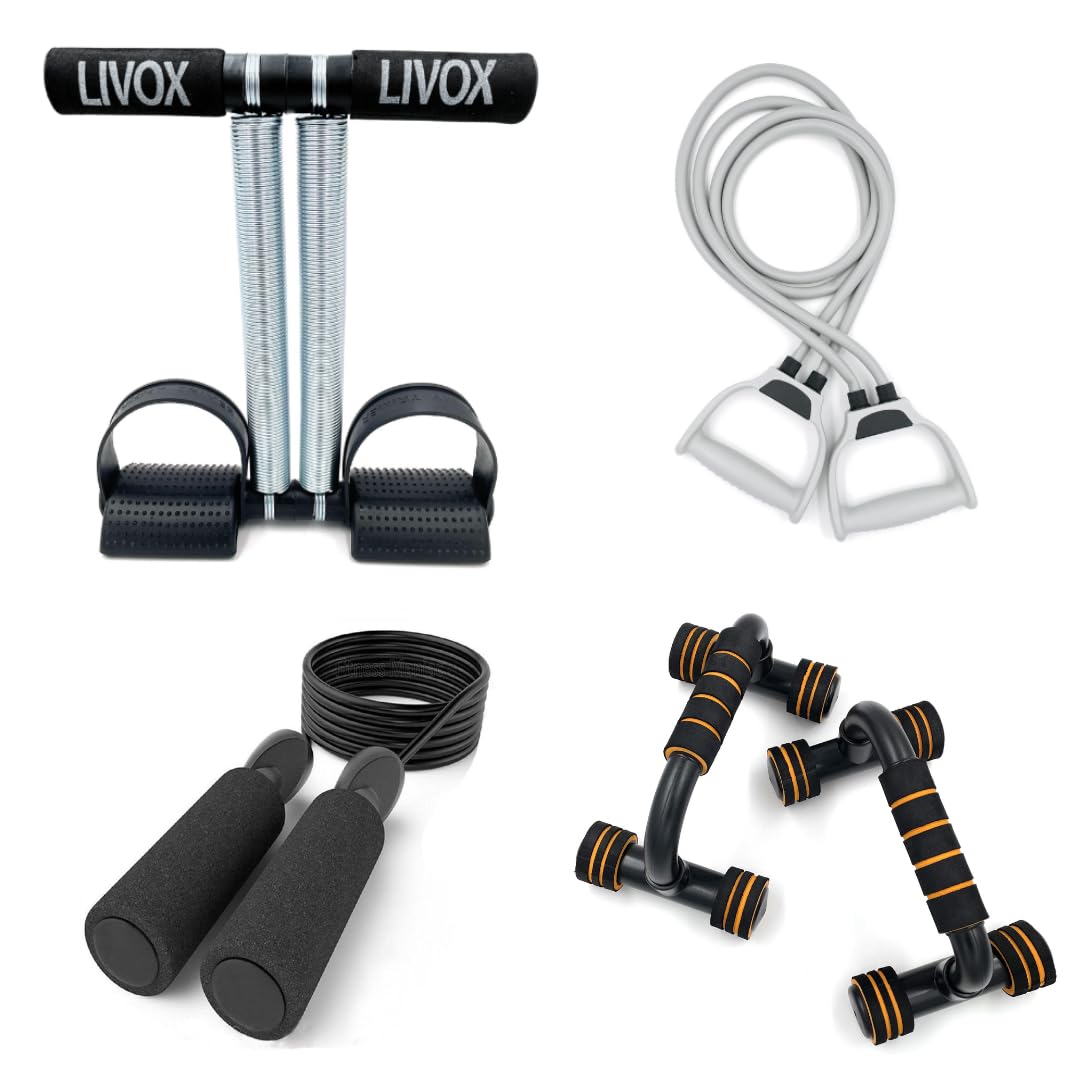 LIVOX Full Body Exercise Gym Equipment Set for Home Workout Combo Men Women Gym Kit – Tummy Trimmer, Toning Tube Band, Push-up Stand, and Skipping Rope