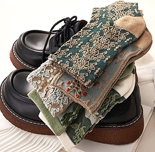 Piplyki 5 Pairs Womens Floral Cotton Socks, Vintage Embroidered Floral Socks, Warm Vintage Floral Socks For Winter #TOP5