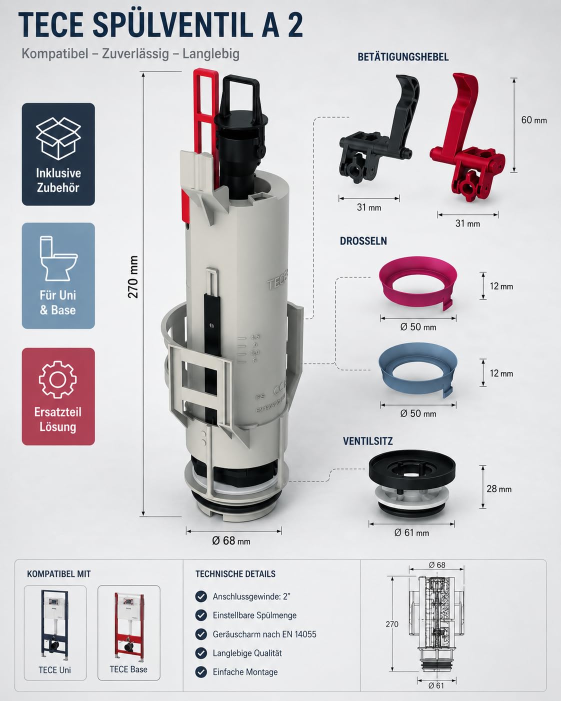 TECE Füllventil F10 Universal Set mit Panzerschlauch 3/8" bis 2019 und Ablaufventil A2 für Spülkasten 13 cm