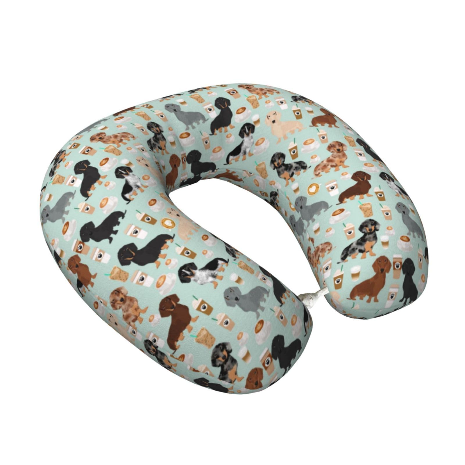 LKYMOH Cute Mint Dachshunds And Coffee, Travel Neck Pillow U-Shaped Memory Neck Support Soft Comfortable With Washable Cover For Airplane Car Traveling and Office