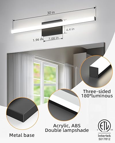 Miniatura 3 de Barra de luz LED moderna de 30 pulgadas, 28 W, 2400 lúmenes, 5CCT, regulable, para baño, sobre espejo, con certificación ETL, color negro mate RA85