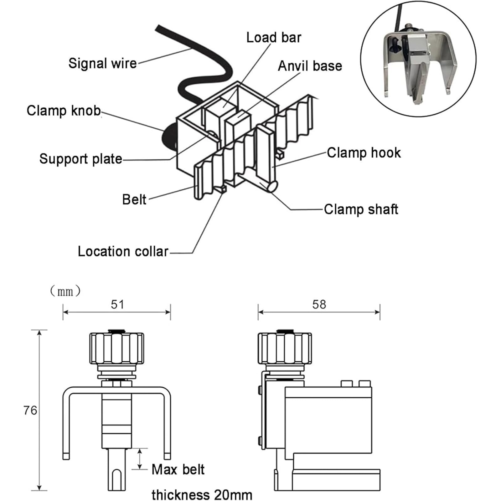 Digitales Gurtspannlehre, Messgerät mit Ton- und Lichtalarm, maximale Riemenbreite 36 mm, misst 0-77 kg/0-54.4 kg / 0-750 N, 4-Einheiten-Umrechnung