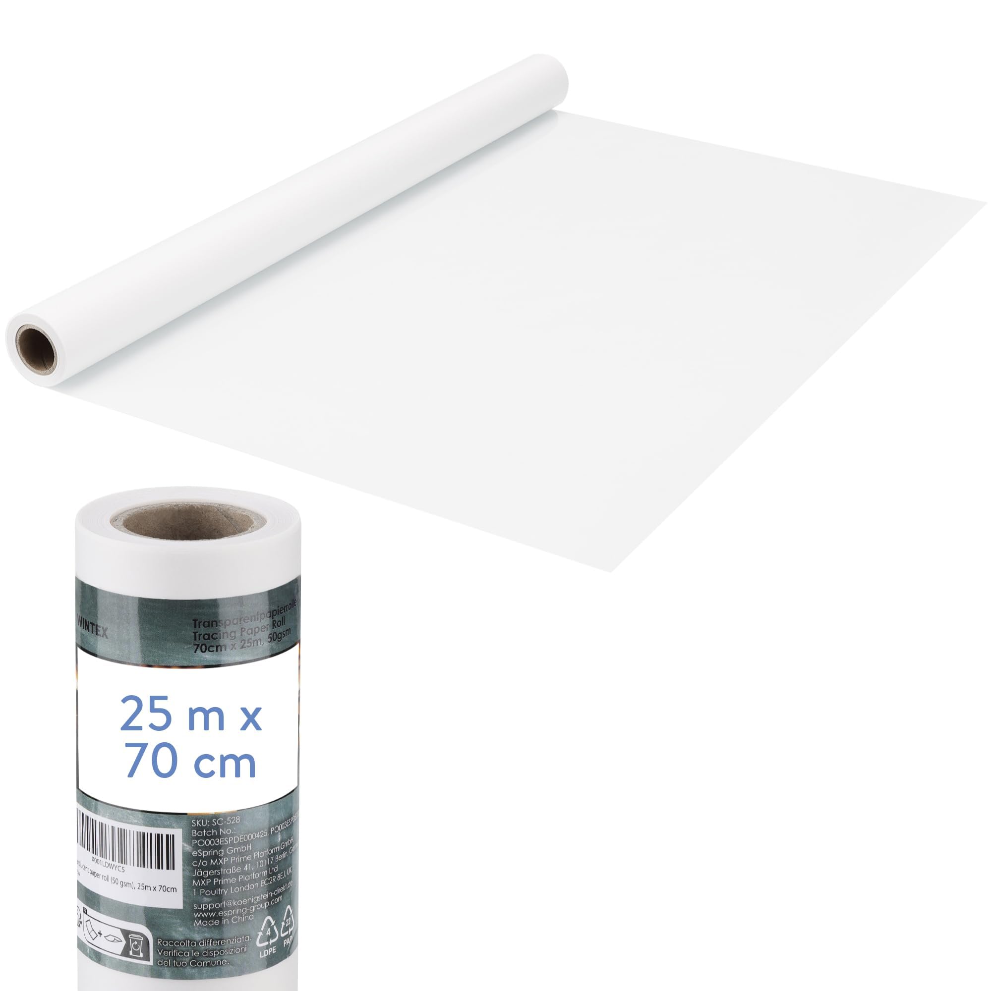 WINTEX Rollo de Papel Calco 25 m x 70 cm- para Patrones de Costura 50g/m² - Dibujo Bocetos Manualidades Patronaje Dibujo Tecnico para Tela