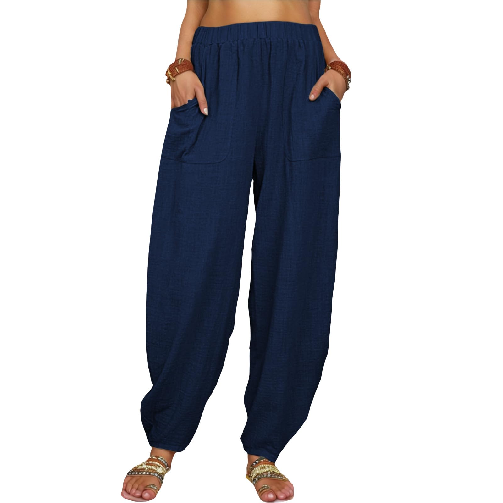 Palazzo Pants for Women Cotton Linen Lantern Trousers Elastic Waist Wide Leg Casual Pants with Pockets