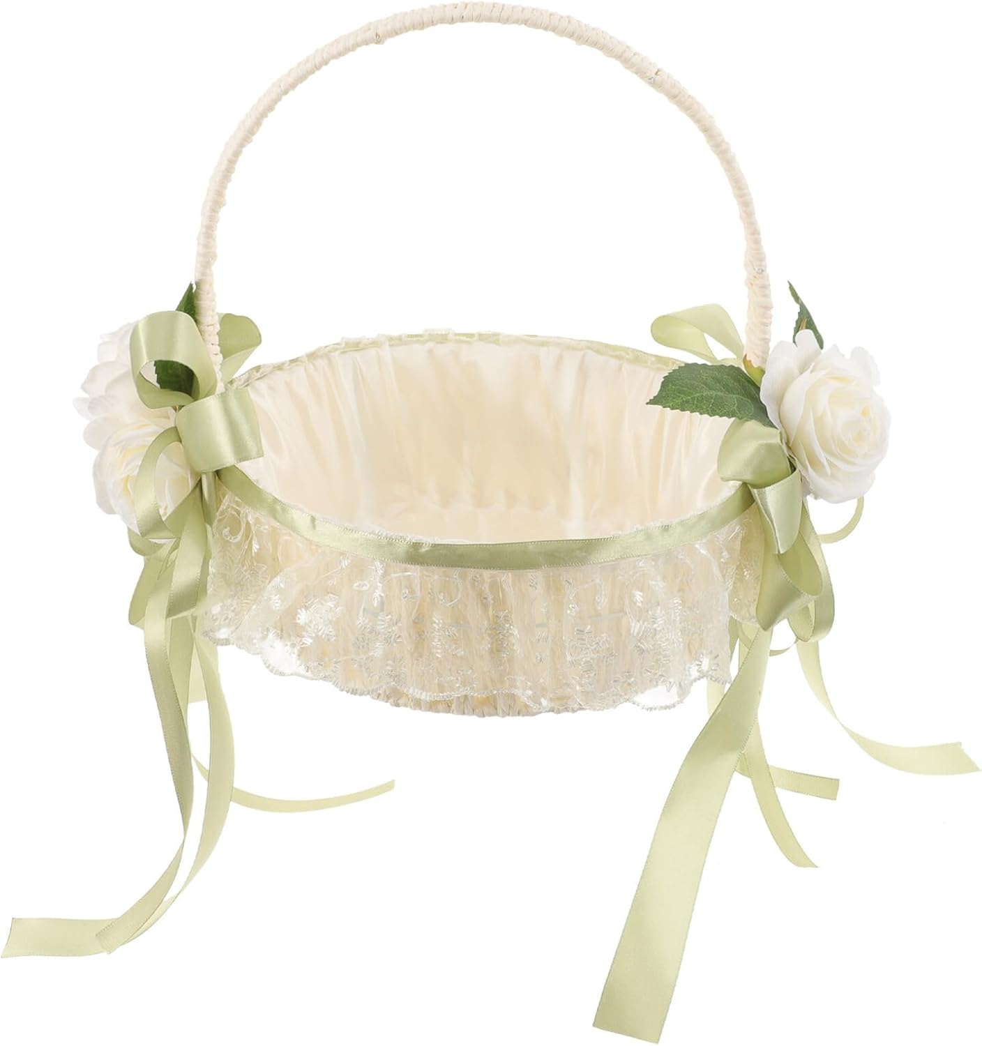 Flower Girl Basket Wedding Party Decoration White Faux Rose Handheld Basket with Bowknot Suitable for Ceremony Supplies and Flower Petal Throwing