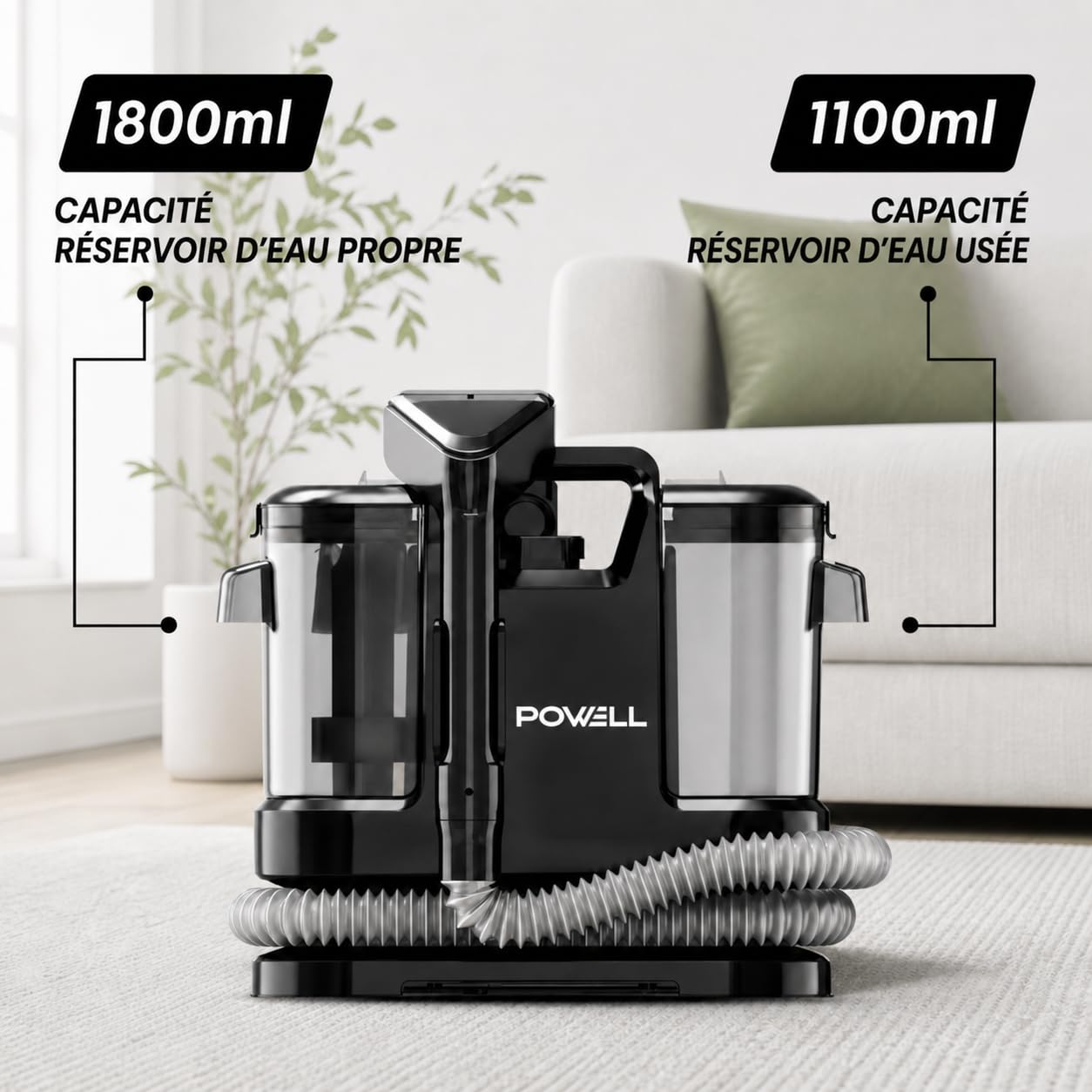 Powell Nettoyeur Vapeur Shampouineuse – 450W Aspirateur Voiture Portable pour Tapis, Canapés, Matelas et Moquette | Réservoir 1,8L Nettoyant Injecteur pour Canapé, Tissu, et Voiture – Noir