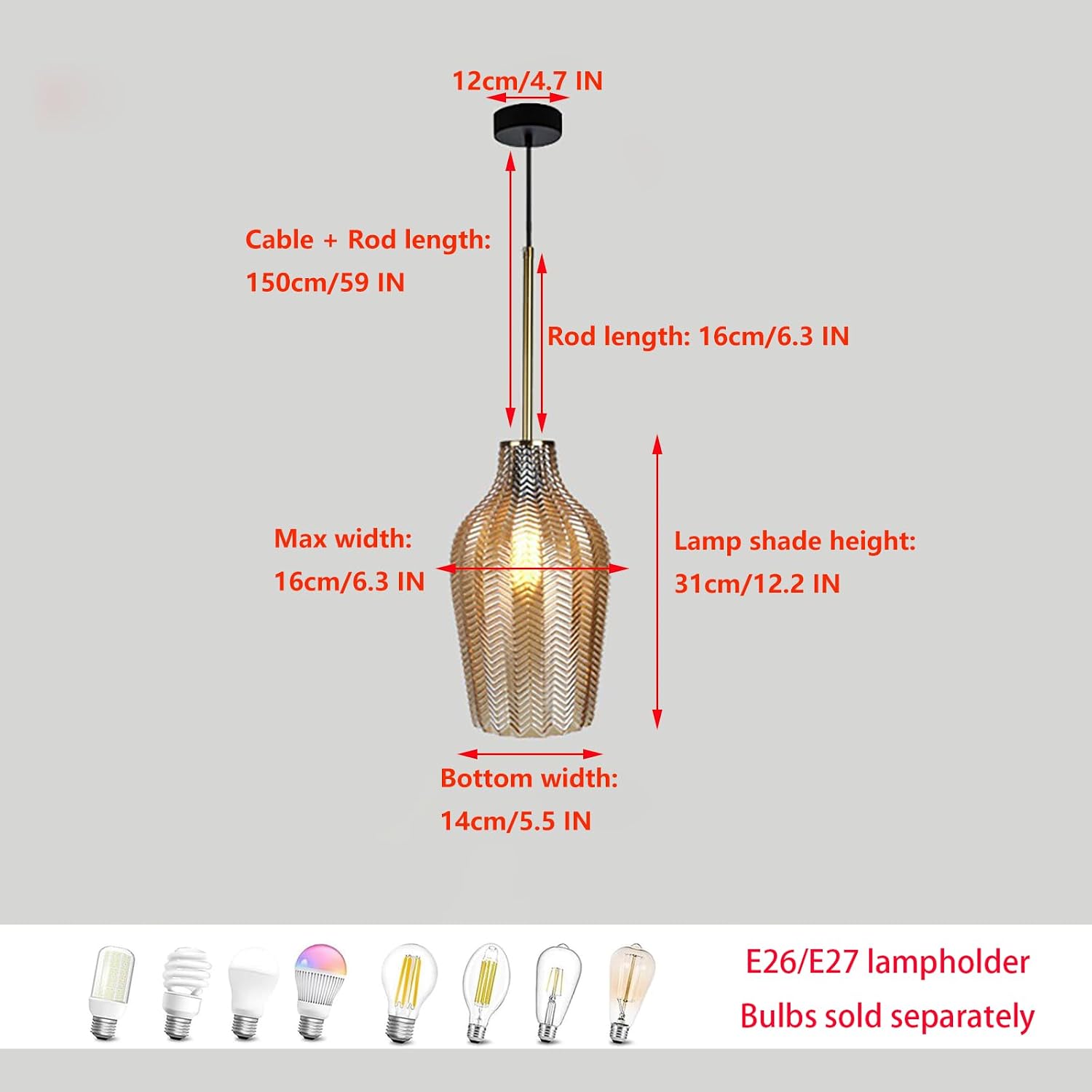 Retro Vintage Amber Glass Pendant Lights Cage Shade with Gold Rod Farmhouse Pendant Hanging Lamp (C)