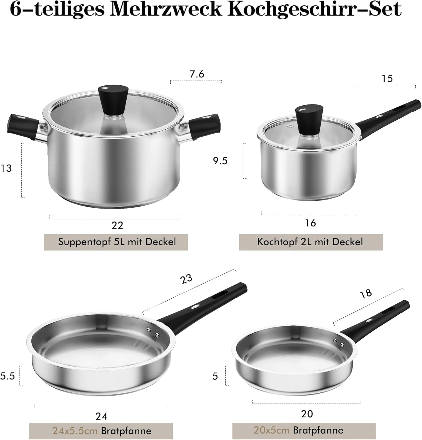 Set Pentole E Padelle Wodillo 6 Pezzi - Acciaio Inox 18/10, Per Induzione, Lavabile In Lavastoviglie