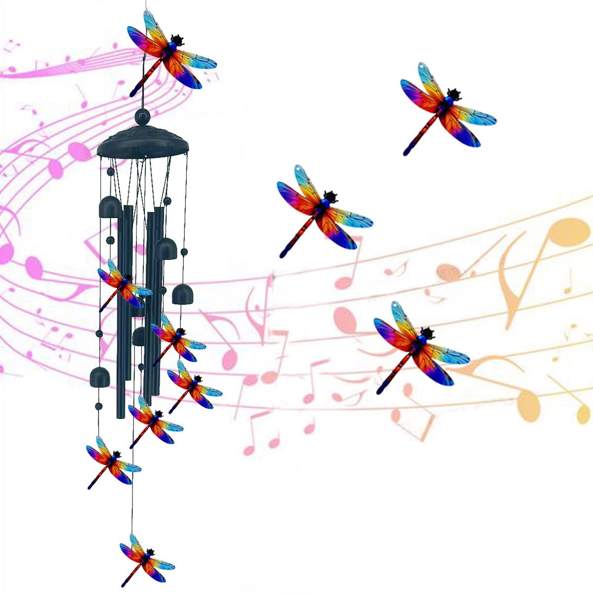 Vintage Colorful Hummingbird Wind Chime with Metal Tubes and Bells (Dragonfly)