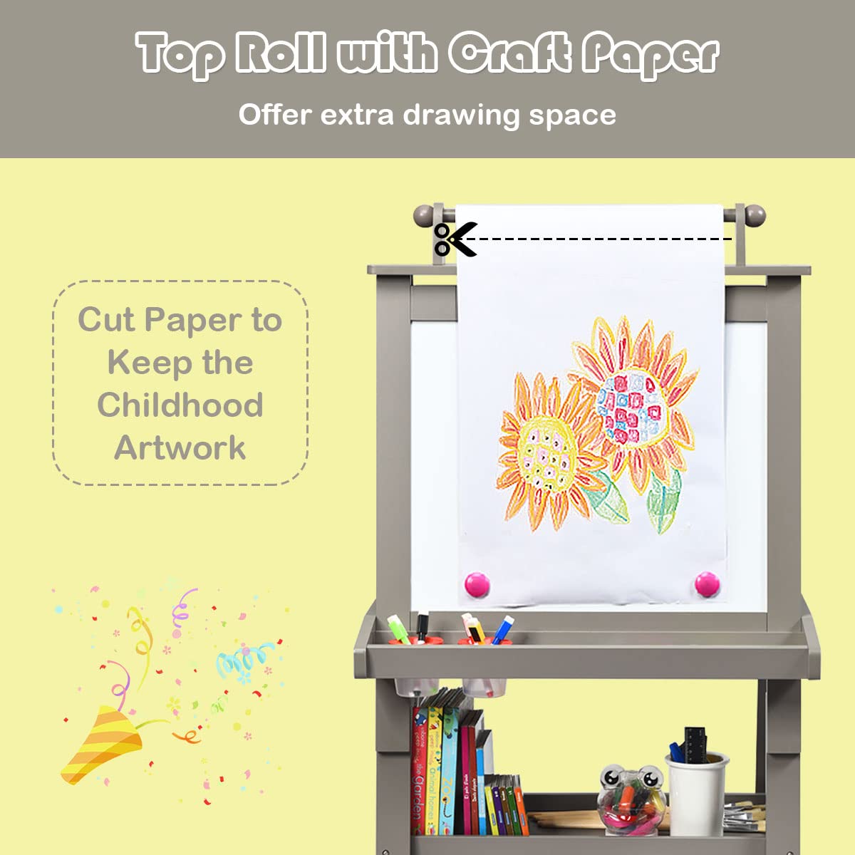 LIFEZEAL 3 in 1 - Lavagna per bambini, doppio lato, bianco e nero, cavalletto per bambini 3+ anni, con 2 scatole di immagazzinaggio, 2 ripiani, giocattolo educativo (grigio)