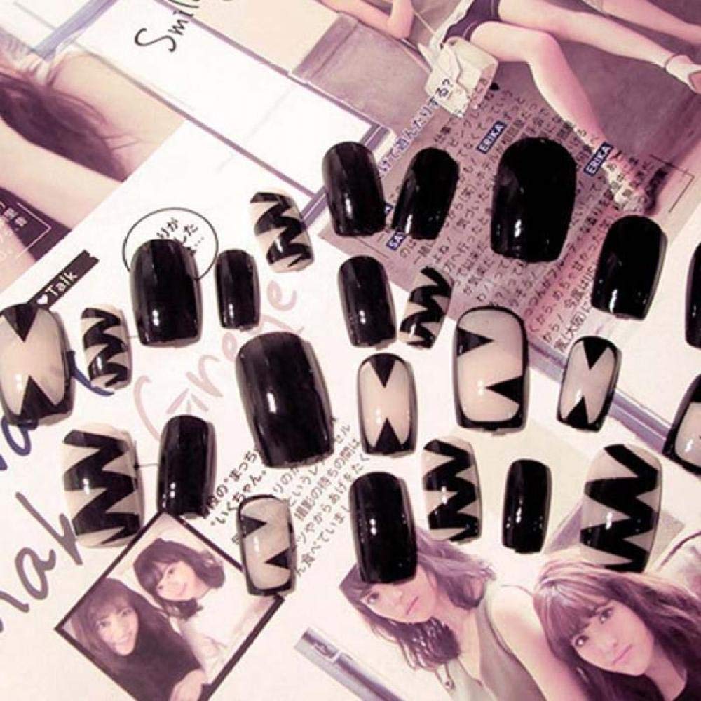 GeRRiT False Nails Full Cover Square Head Nail Art Tips Geometric Printing Fake Nails Girls Fashion Transparent Black Acrylic False Nail
