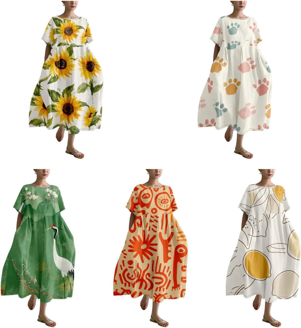 Plus Size Boho Summer Dresses Casual Japanese Art Vintage T Shirt Dress A-line Crew Neck Short Sleeve Sundress - Image 5