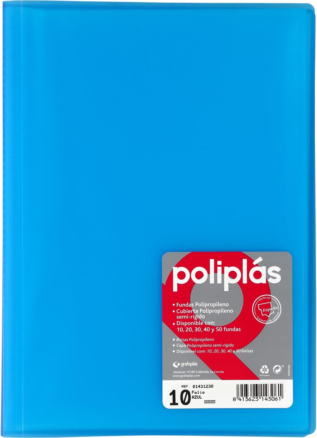 Grafoplas I Folder with Plastic Sleeves I 10 Transparent Sleeves I Folio Size Blue Soft I Series Poliplas Translucent I Made in Spain I Large Storage Capacity