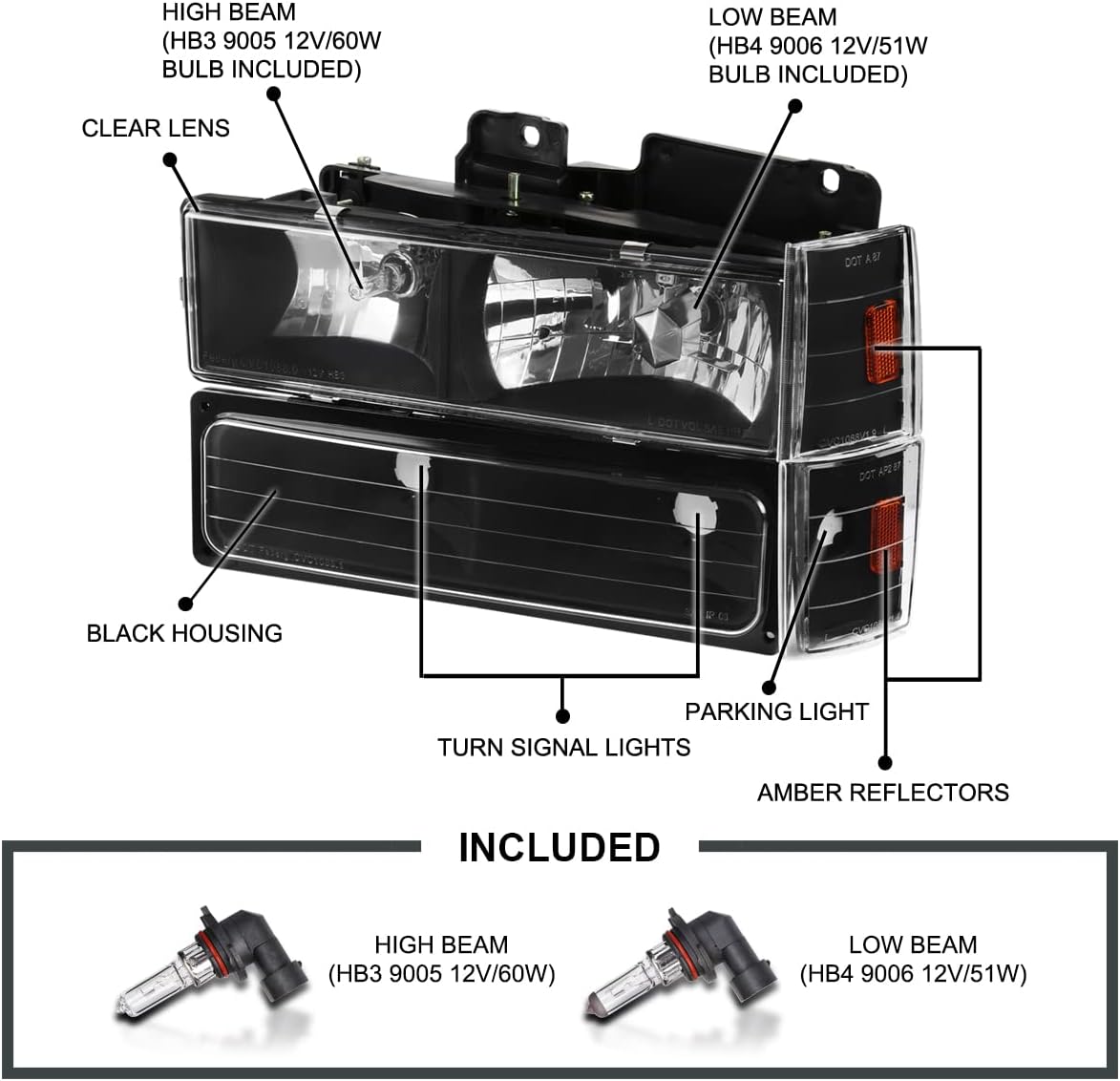 SPEC-D TUNING Black Headlights + Bumper Lights + Corner Lights Compatible with 1988-1993 Chevy C10 Pickup C/K 1500 2500 3500 Silverado Sierra, Left + Right Pair Headlamps Assembly